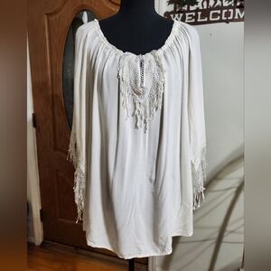 Melissa Paige Boho Peasant Blouse XL Cream Lace Fringe Off Shoulder Tunic Top